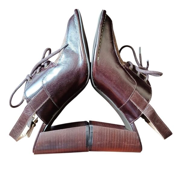 Antonio Melani Shoes 9M Brown Leather Felt Block Heel Slingback Lace Up Retro - Picture 5 of 9